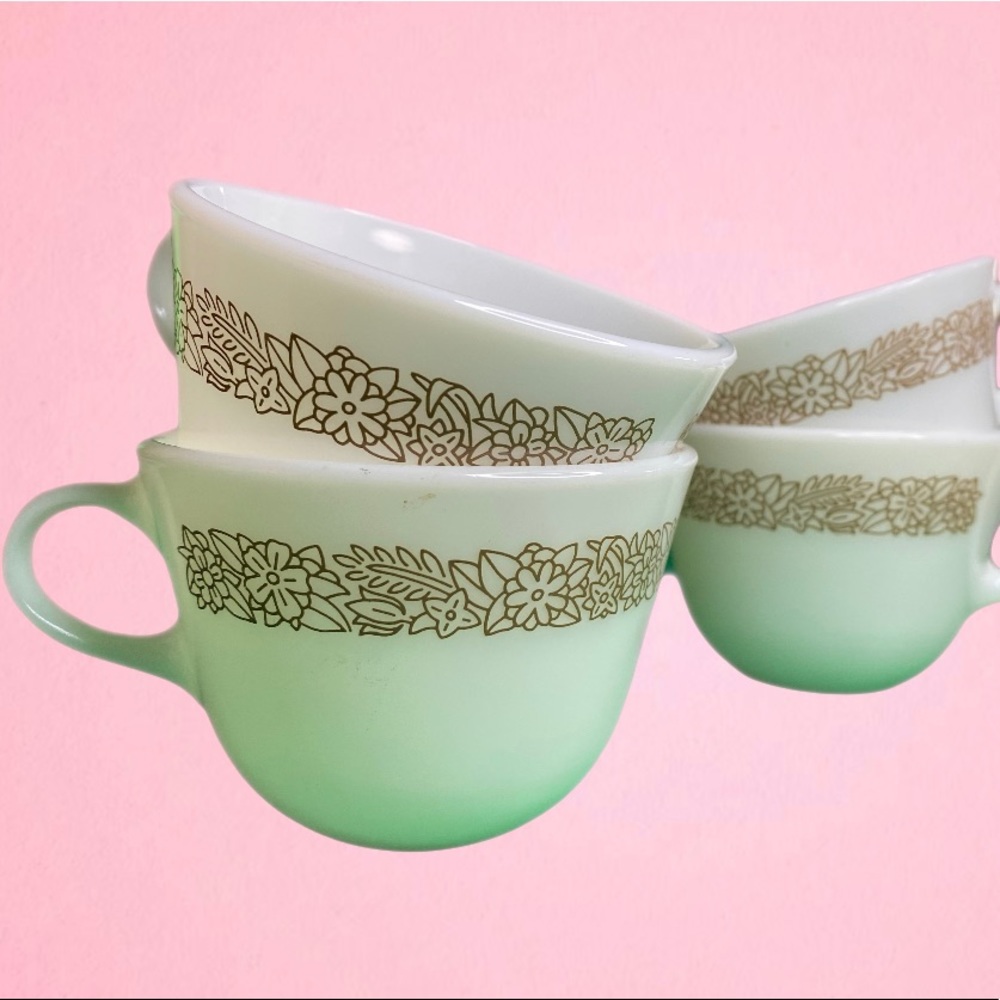 Vintage Pyrex Woodland Milk Glass Teacup Mugs + Corelle Saucers
